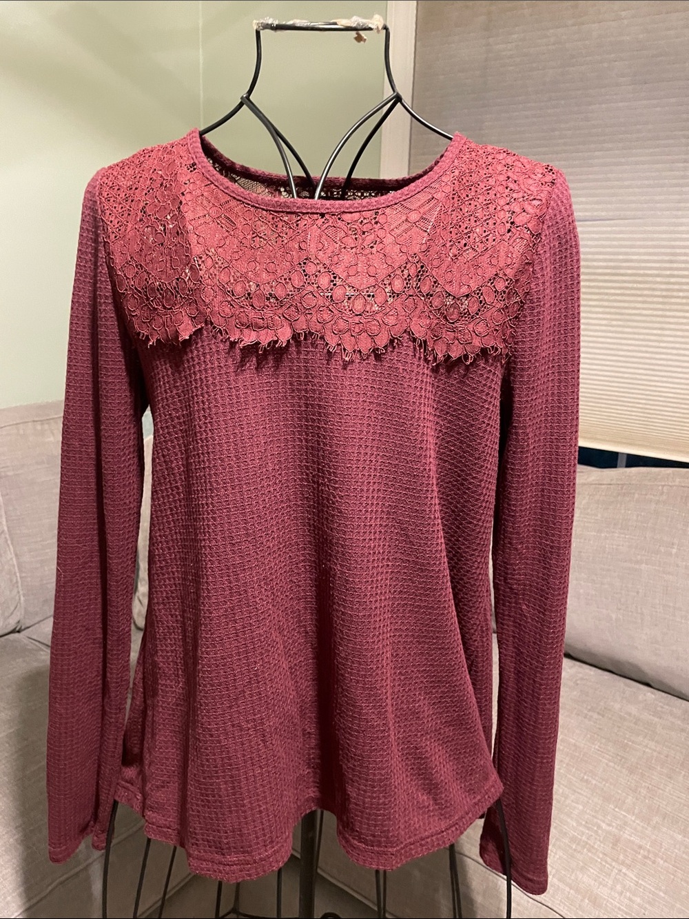 Lucky Brand Rose Lace-Yoke Waffle Long Sleeve Top